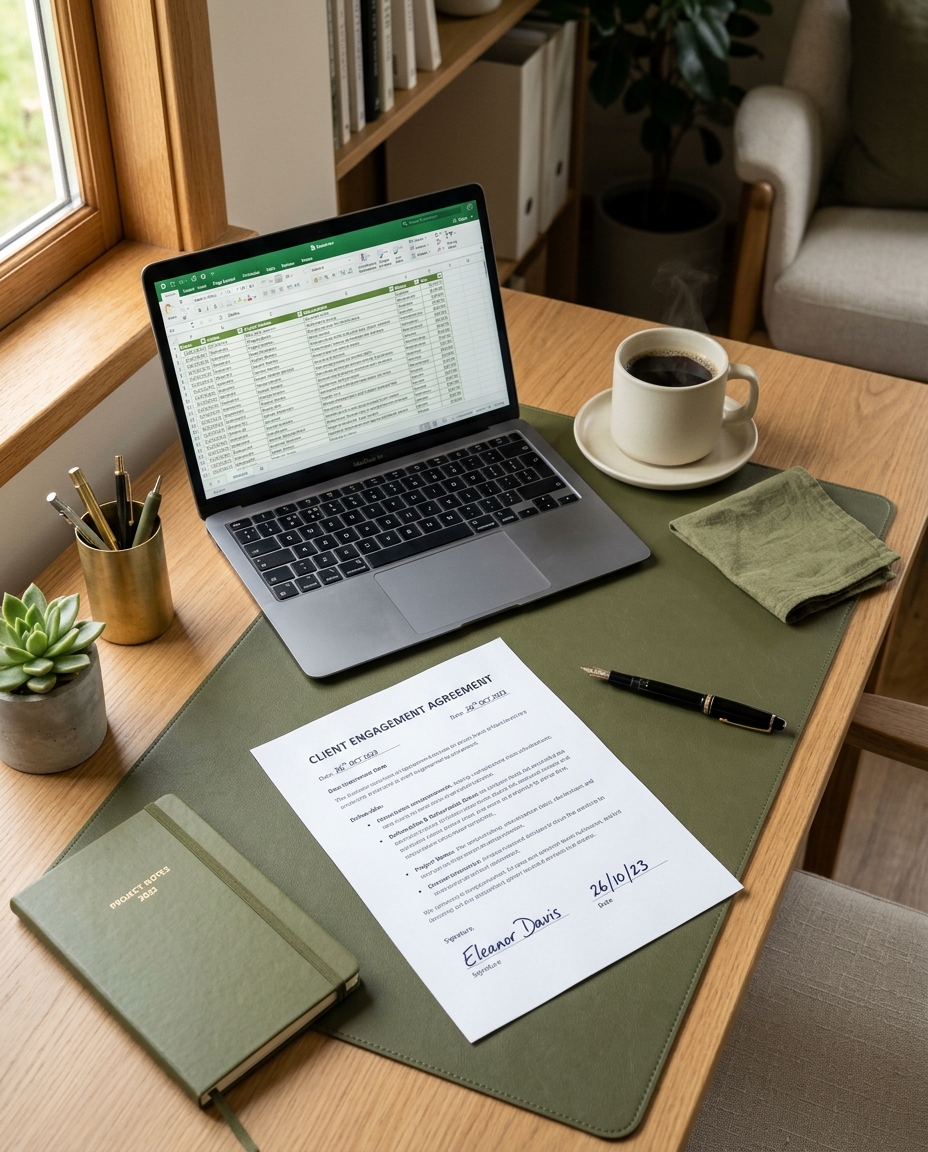 Engagement letter and policy documents on a desk