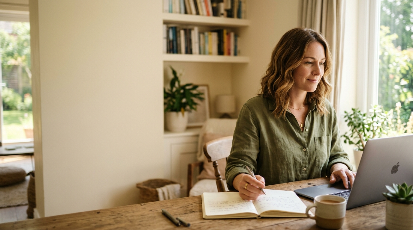 A bookkeeper working at a sunlit home desk with a laptop and notebook